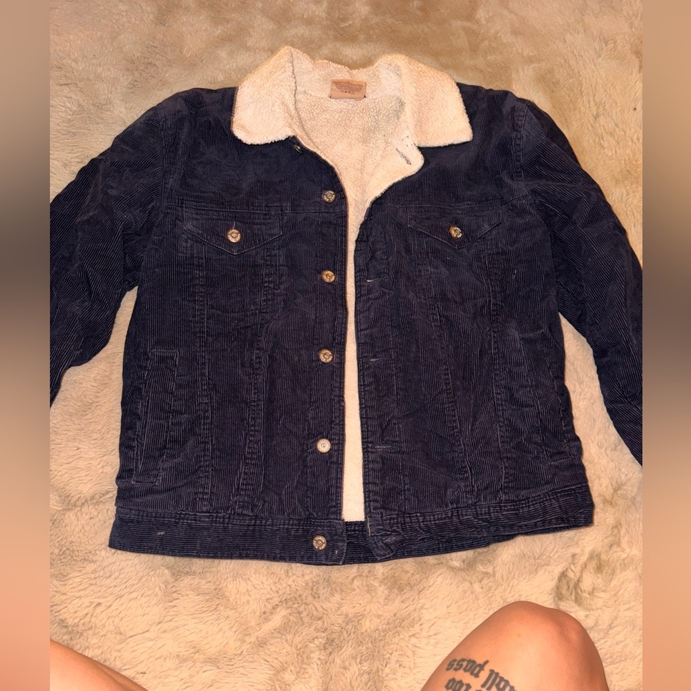 Dark Blue Corduroy Jacket with White Sherpa Collar